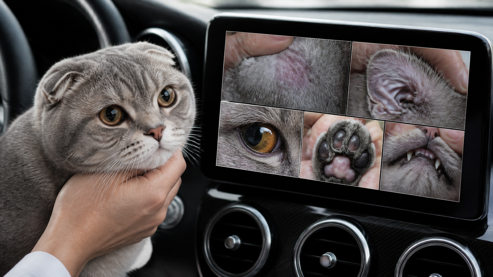 Scottish Fold cat with folded ears looking directly at camera, soft lighting, neutral background