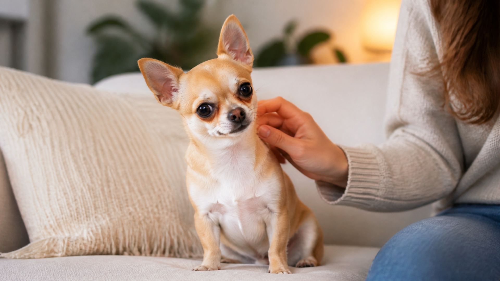 A small Chihuahua dog sitting on a colorful blanket, looking up with alert ears and bright eyes.
