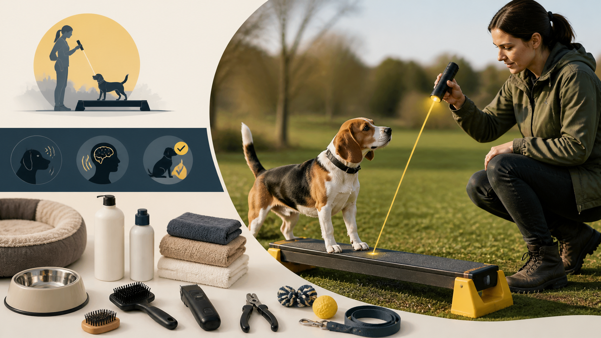 Handheld training beam device emitting a directional light, held near a Beagle dog in a home setting