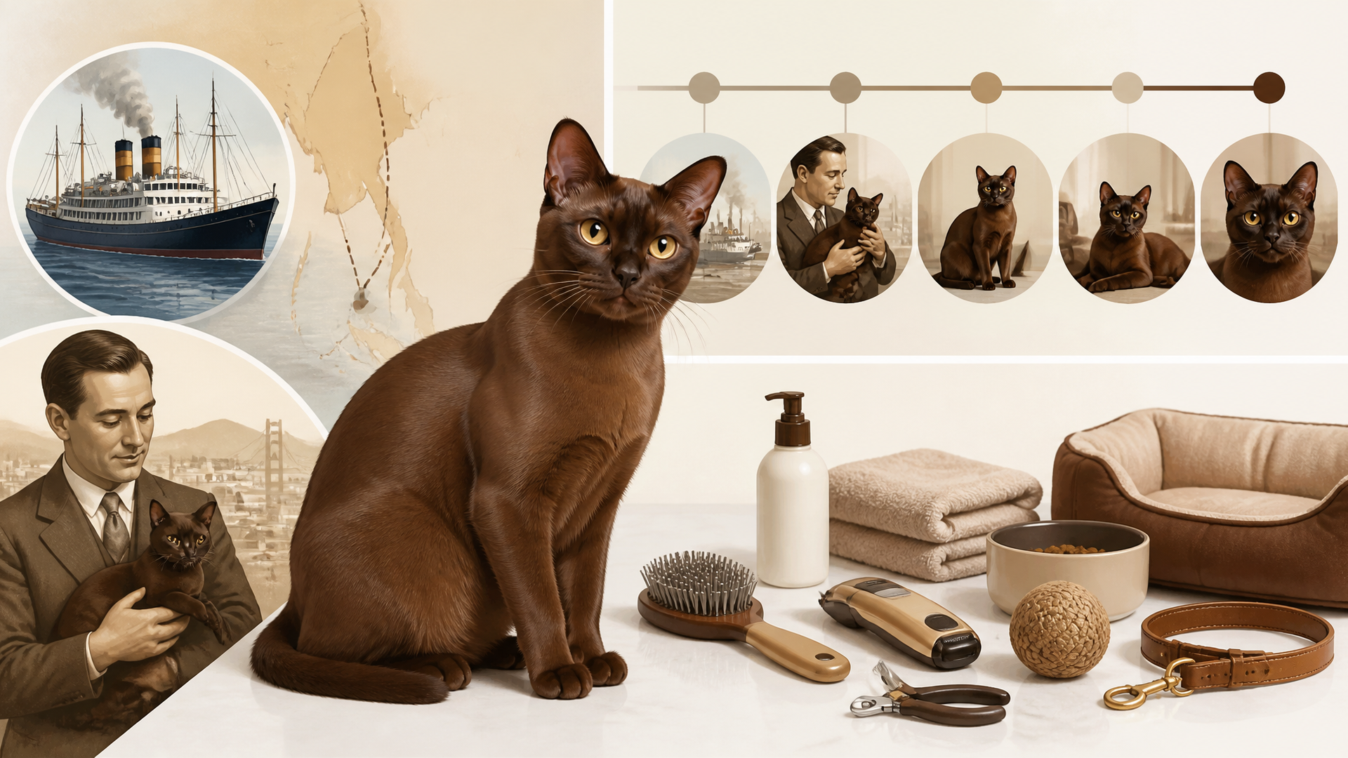 A dark brown Burmese cat with golden eyes sitting on a wooden floor, looking directly at the camera.