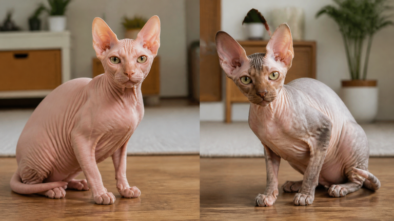 A hairless Sphynx cat sitting next to a similar-looking hairless breed on a soft blanket