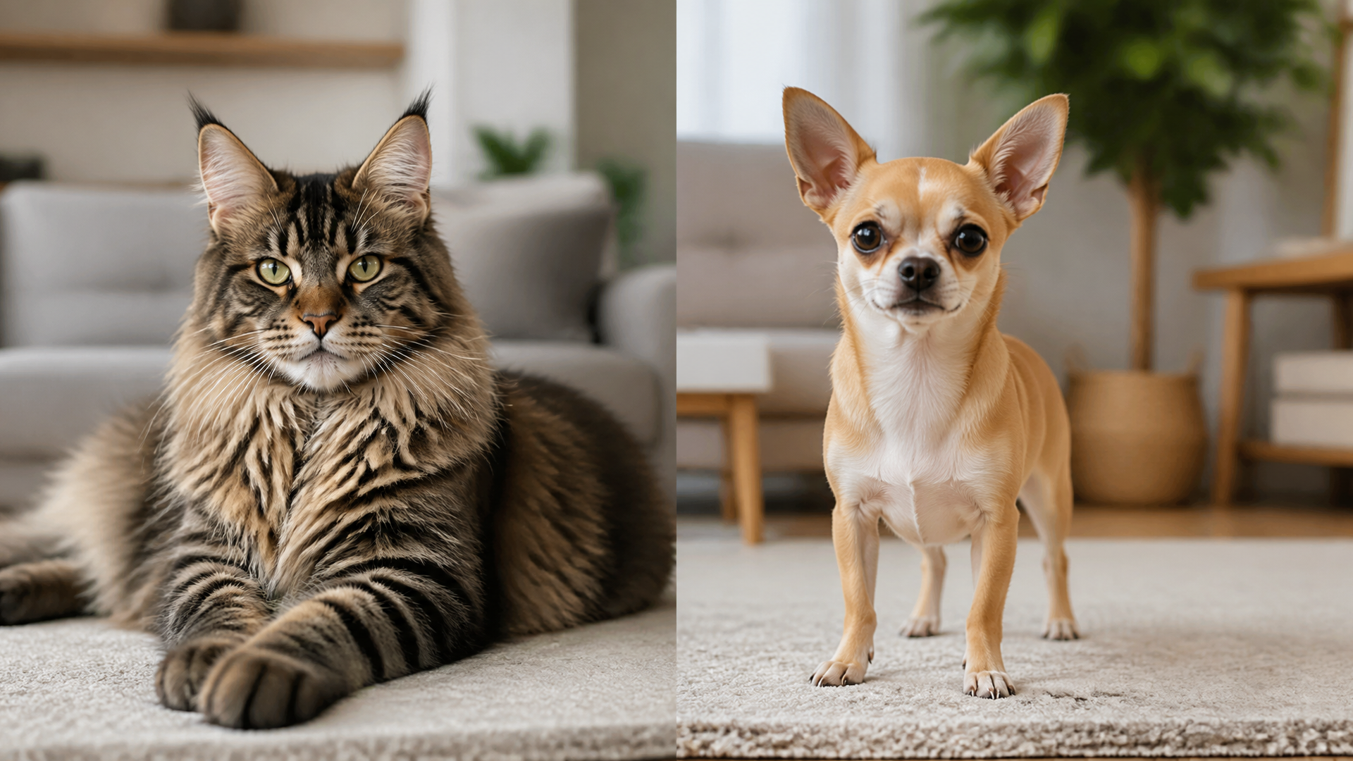 A fluffy Maine Coon cat and a small Chihuahua dog sitting side by side on a couch, looking at the camera.