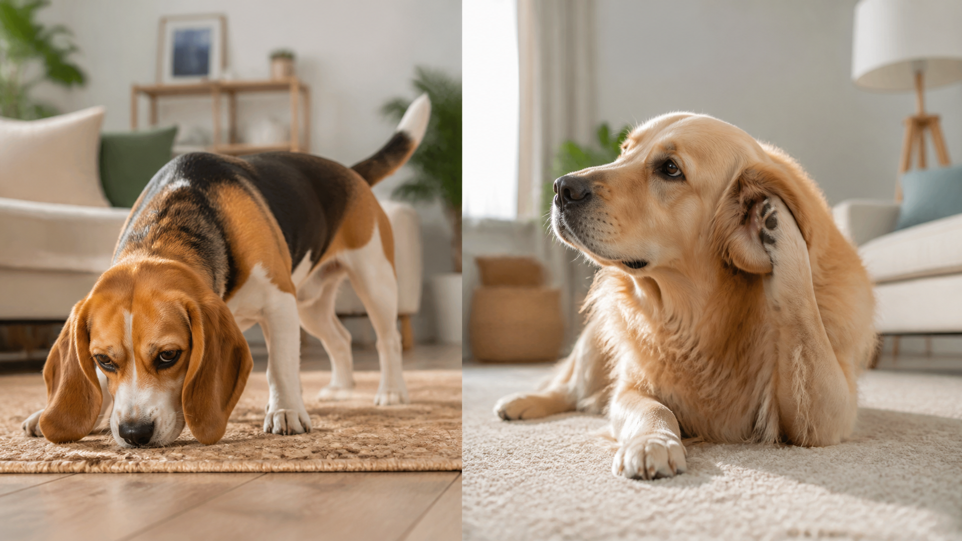 A beagle with alert ears tilted sideways, listening intently in a sunlit living room