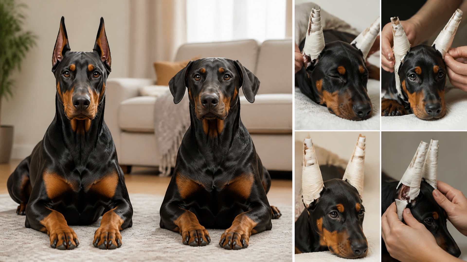 Close-up of a Doberman Pinscher with erect cropped ears, alert expression, and sleek black and tan coat