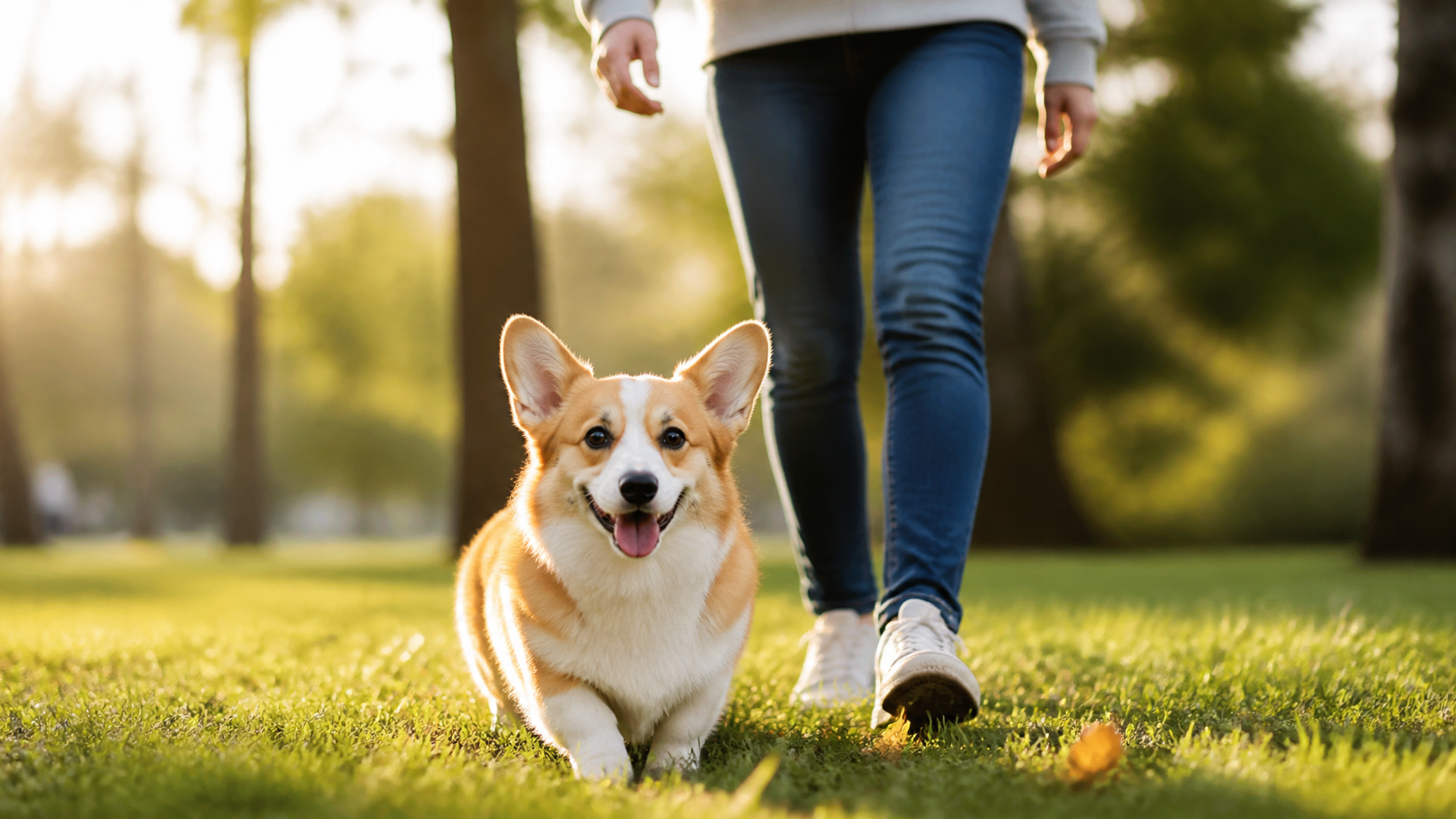 Happy Corgi dog sitting on grass with tongue out, bright outdoor lighting