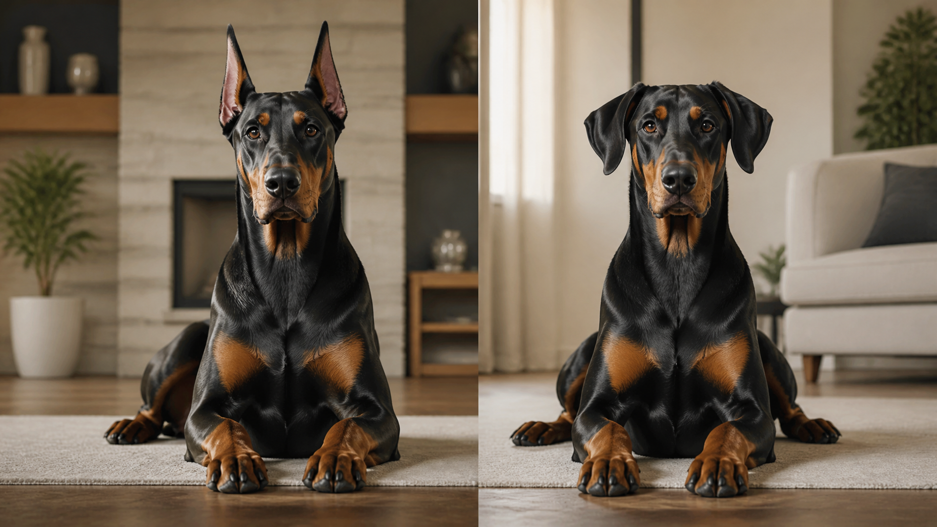 Close-up of a Doberman Pinscher with cropped ears standing alert in a historical working setting