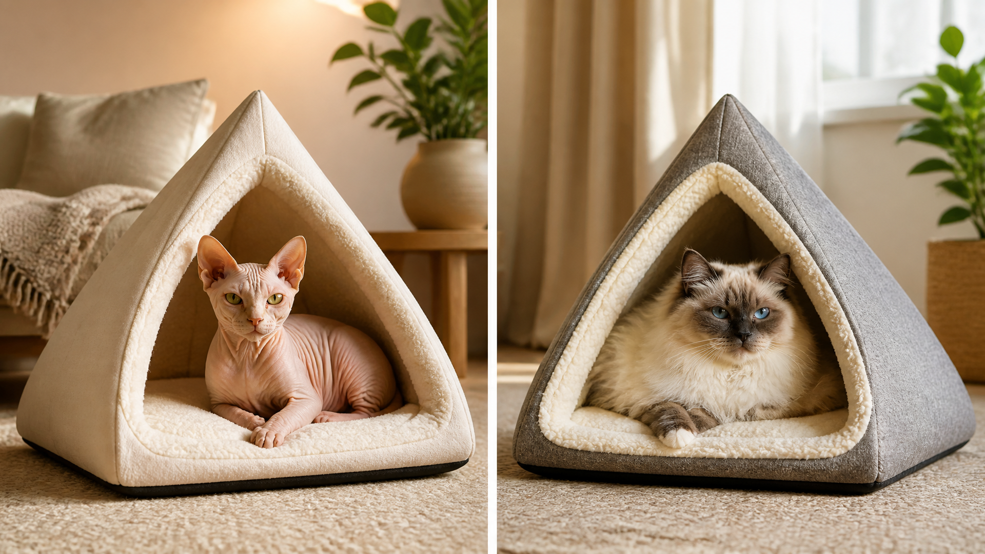 Hairless Sphynx cat curled up inside a soft, insulated pyramid bed with a removable cover and non-slip base.