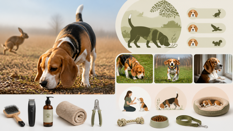 A Beagle sniffing the ground intently in a grassy field, ears flopped forward, tail up, showcasing natural hunting behavior.
