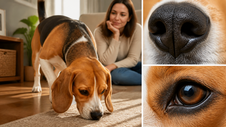 Close-up of a beagle sniffing the ground outdoors, ears floppy, nose near grass