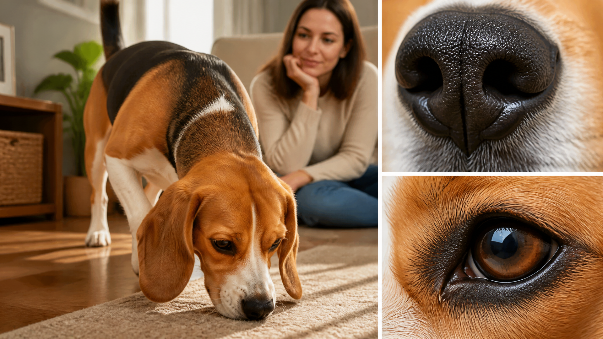 Close-up of a beagle sniffing the ground outdoors, ears floppy, nose near grass