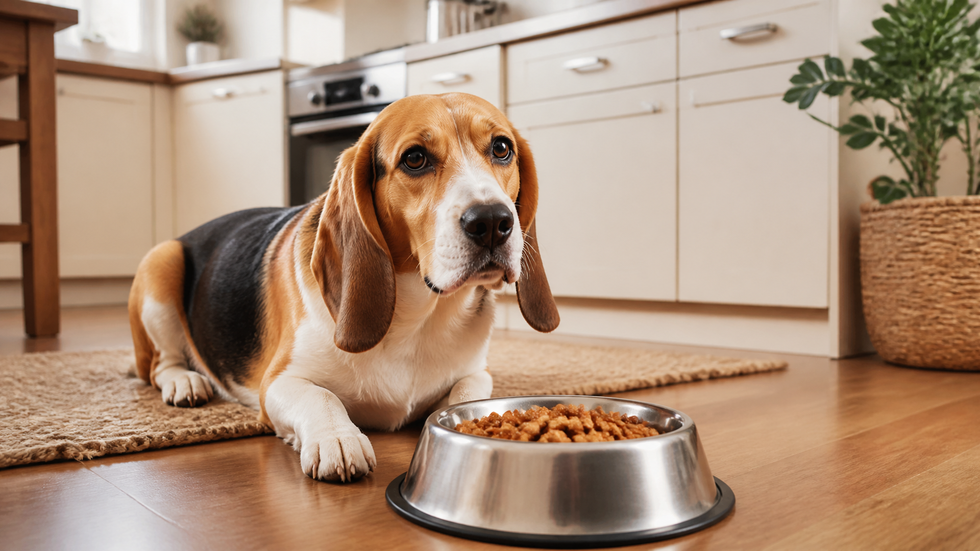 A Beagle Basset Hound mix lying on a grassy lawn, looking up with floppy ears and a calm expression