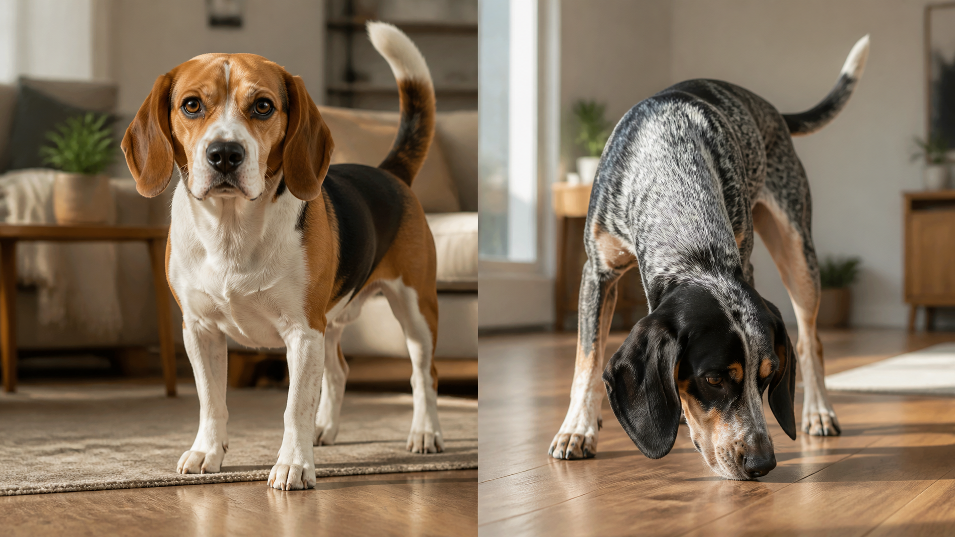 A Blue Tick Beagle standing in a grassy field, looking alert with floppy ears and a white-tipped tail.