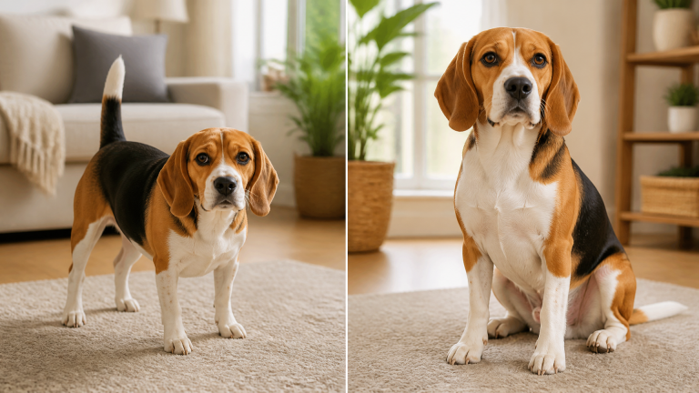 A small Pocket Beagle standing in a grassy field, looking directly at the camera with alert ears and a shiny coat.
