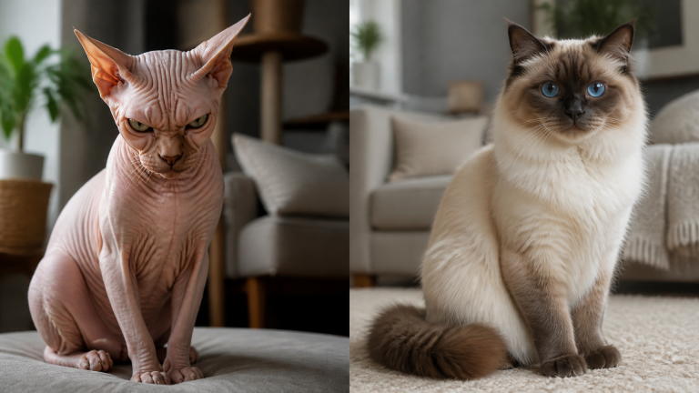 Close-up of a hairless Sphynx cat with large ears and wrinkled skin, looking directly at the camera