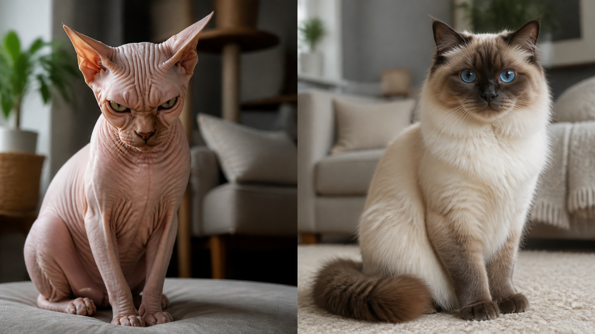 Close-up of a hairless Sphynx cat with large ears and wrinkled skin, looking directly at the camera