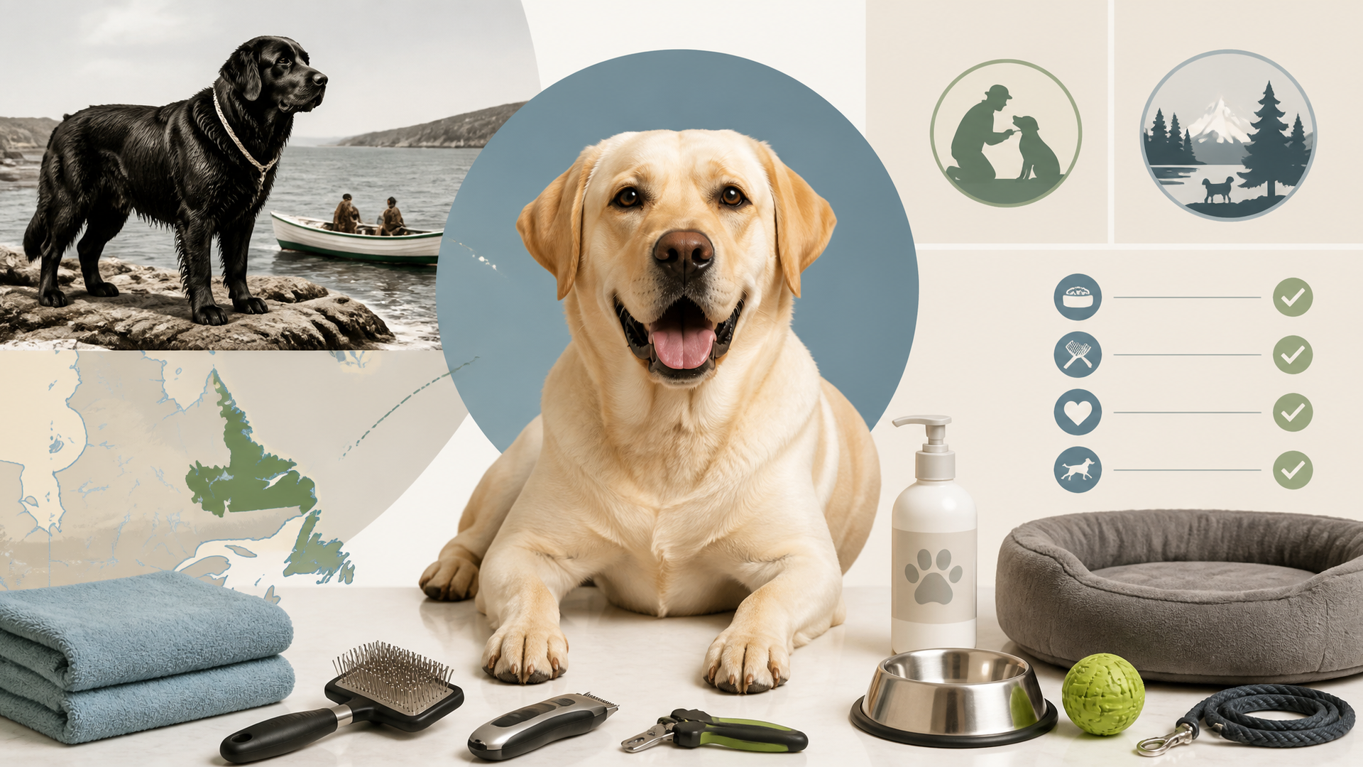 A Labrador Retriever standing on a rocky shoreline with ocean waves in the background, representing the breed's Canadian o...