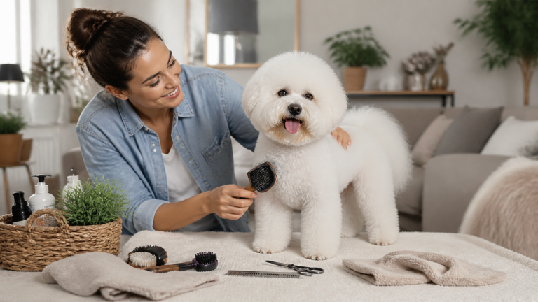 White fluffy Bichon Frise dog sitting on a soft blue background, resembling the popular emoji
