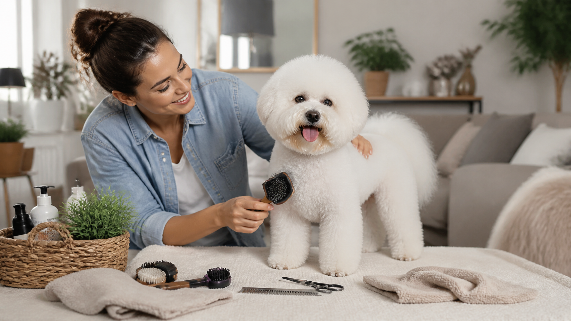 White fluffy Bichon Frise dog sitting on a soft blue background, resembling the popular emoji