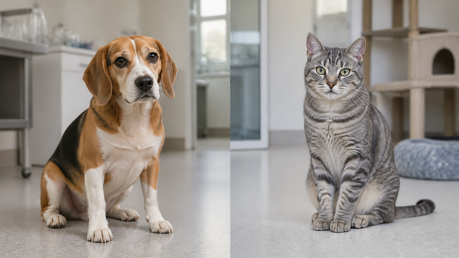A beagle sitting calmly in a laboratory setting with scientific equipment in the background