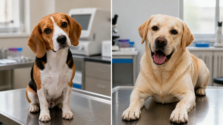 A beagle sitting calmly on a stainless steel exam table in a veterinary testing lab, with medical equipment in the background