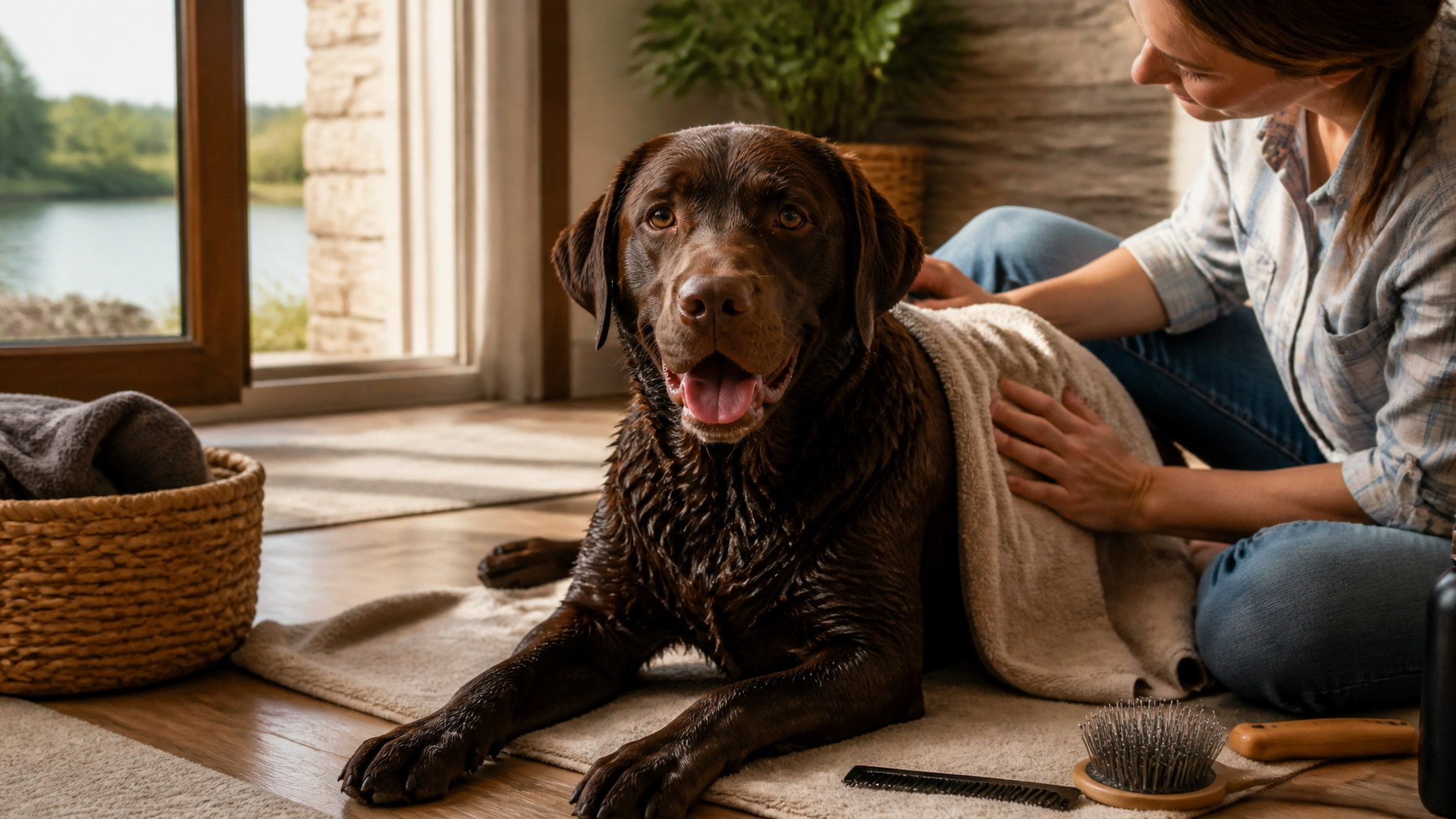 A yellow Labrador retriever splashing in a lake with a joyful expression, water droplets flying around its face.