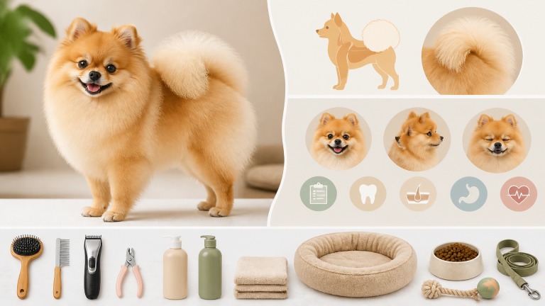 Close-up of a fluffy Pomeranian with a curled tail resting against its back, showing the breed's signature plume of fur.