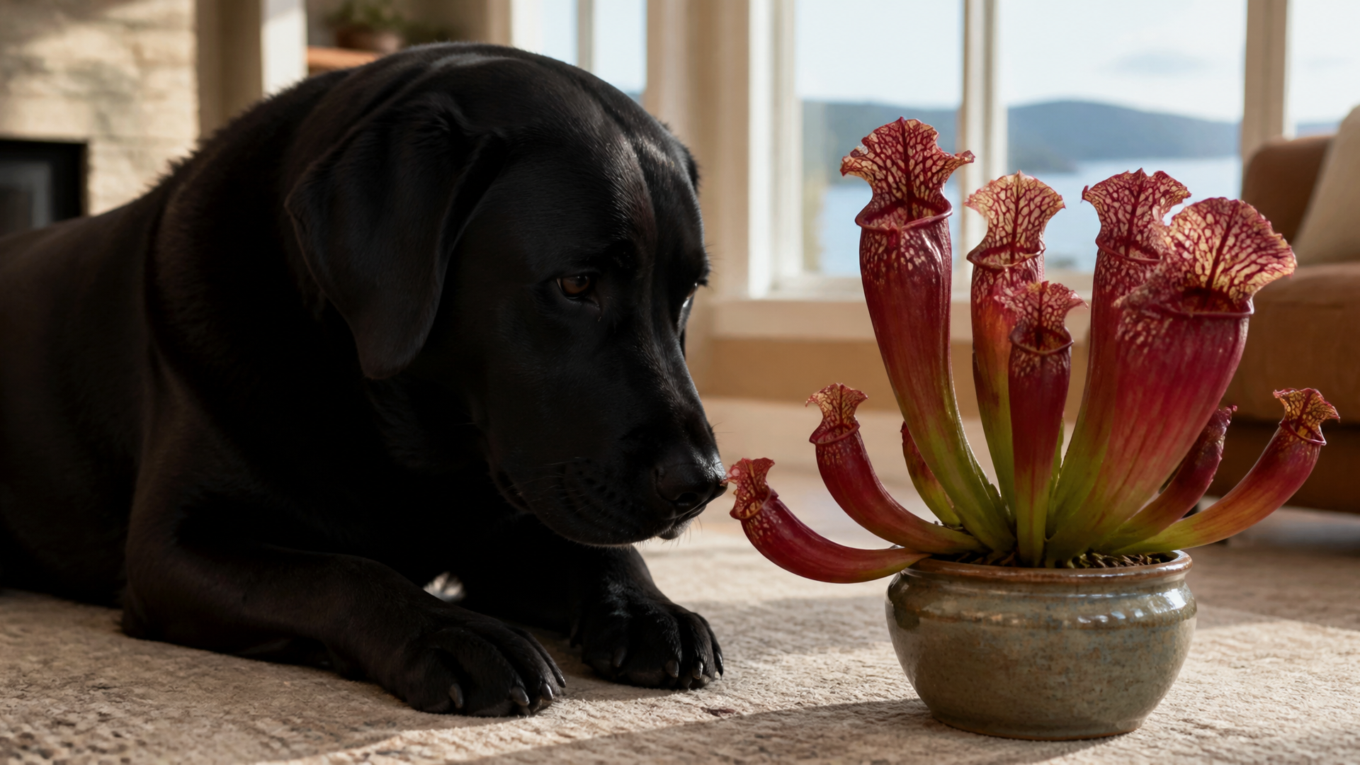 Close-up of a purple pitcher plant in a boggy Newfoundland landscape, with a dog's nose visible in the foreground