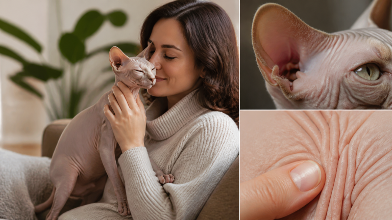 A hairless Sphynx cat sitting on a soft blanket, looking directly at the camera with large ears and wrinkled skin.