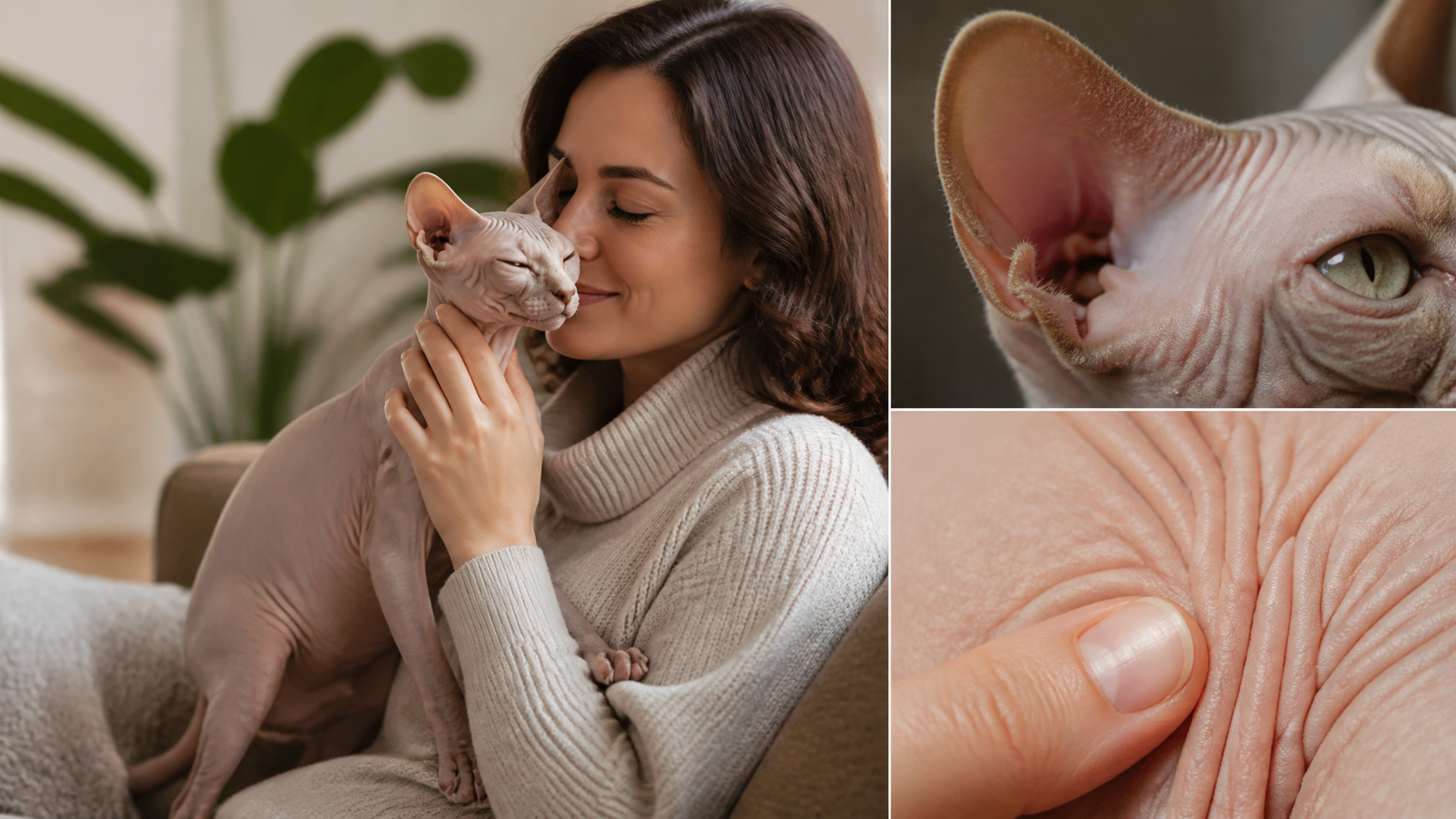 A hairless Sphynx cat sitting on a soft blanket, looking directly at the camera with large ears and wrinkled skin.