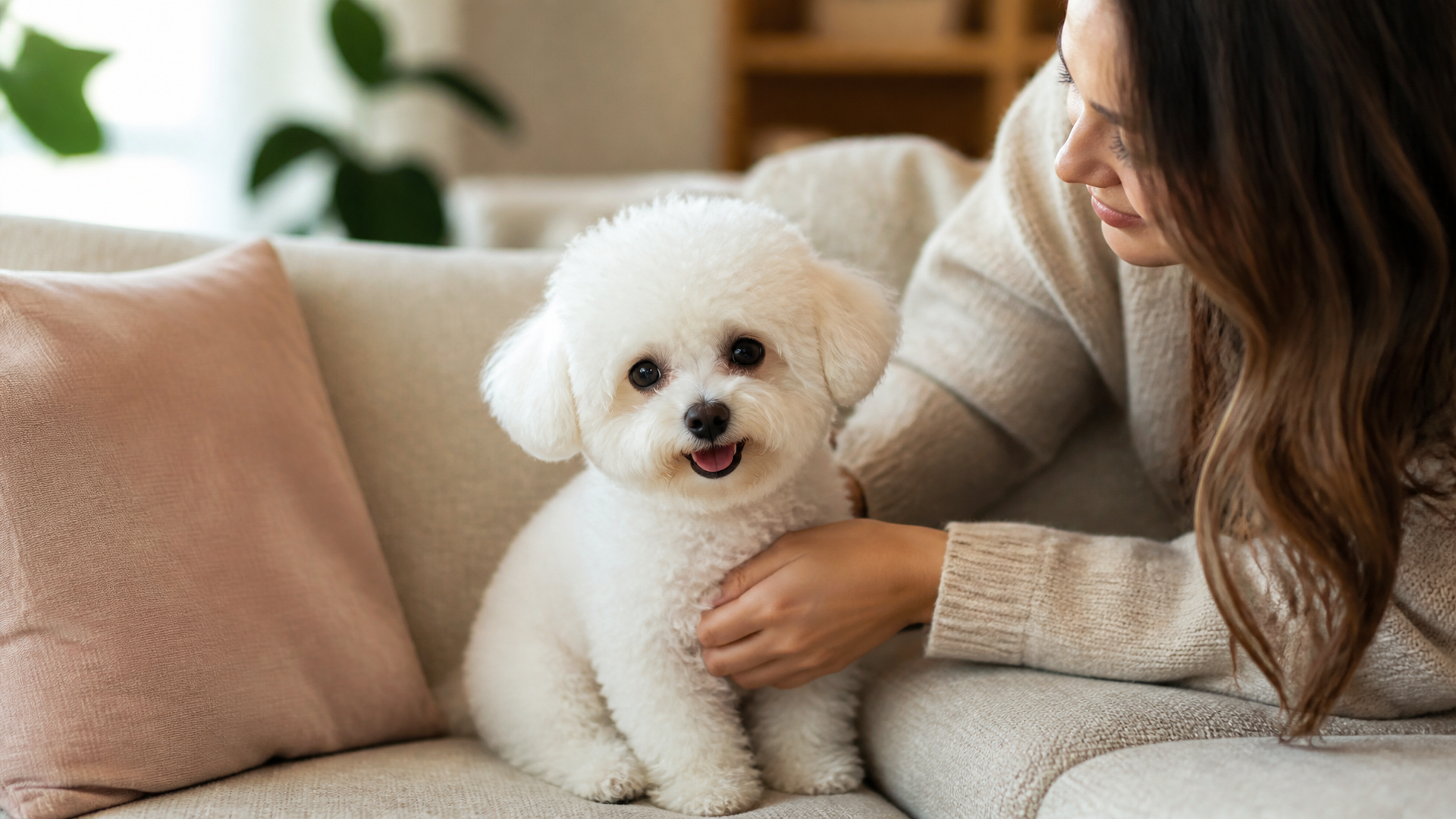 Small white fluffy teacup Bichon Frise sitting on a soft blanket, looking at the camera