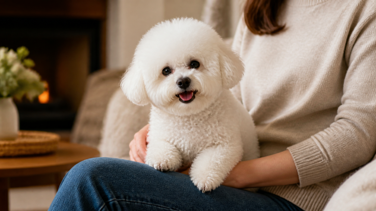 White fluffy Bichon Frisé sitting on a cozy couch, looking at the camera with a happy expression
