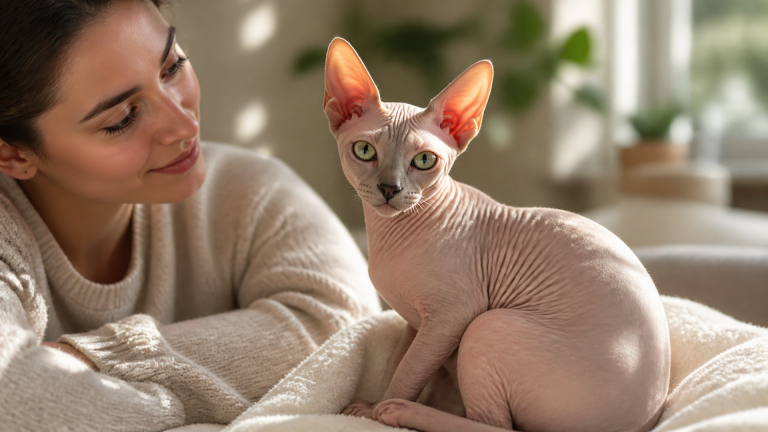 Close-up of a Sphynx cat with large, hairless ears perked up, listening intently in a sunlit room.