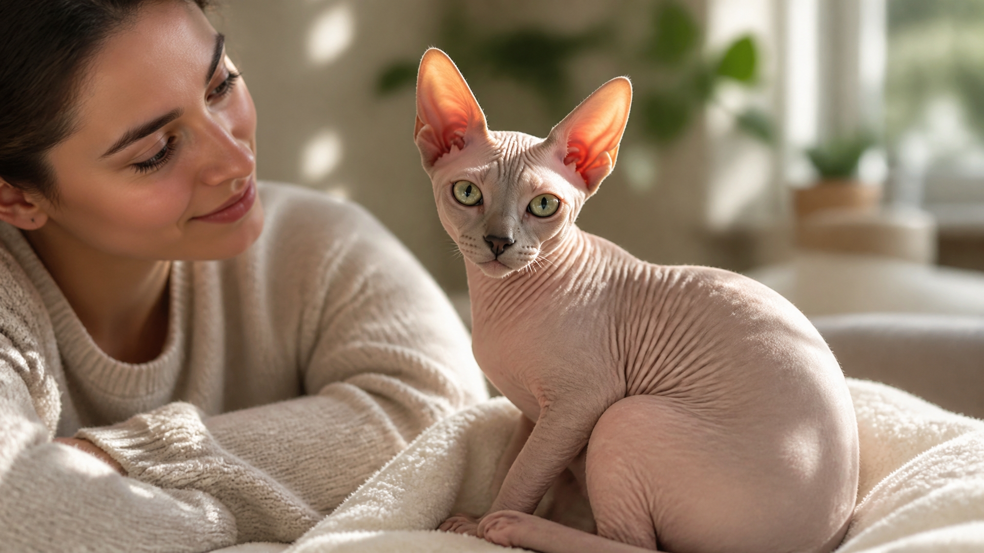 Close-up of a Sphynx cat with large, hairless ears perked up, listening intently in a sunlit room.