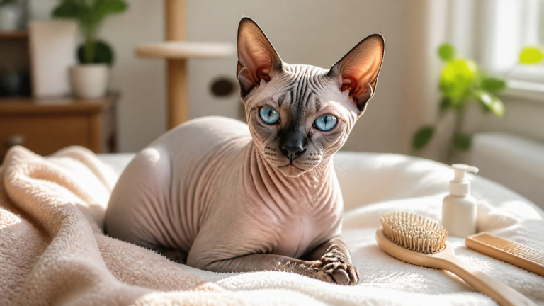 Close-up of a hairless Sphynx cat with striking blue eyes, looking directly at the camera