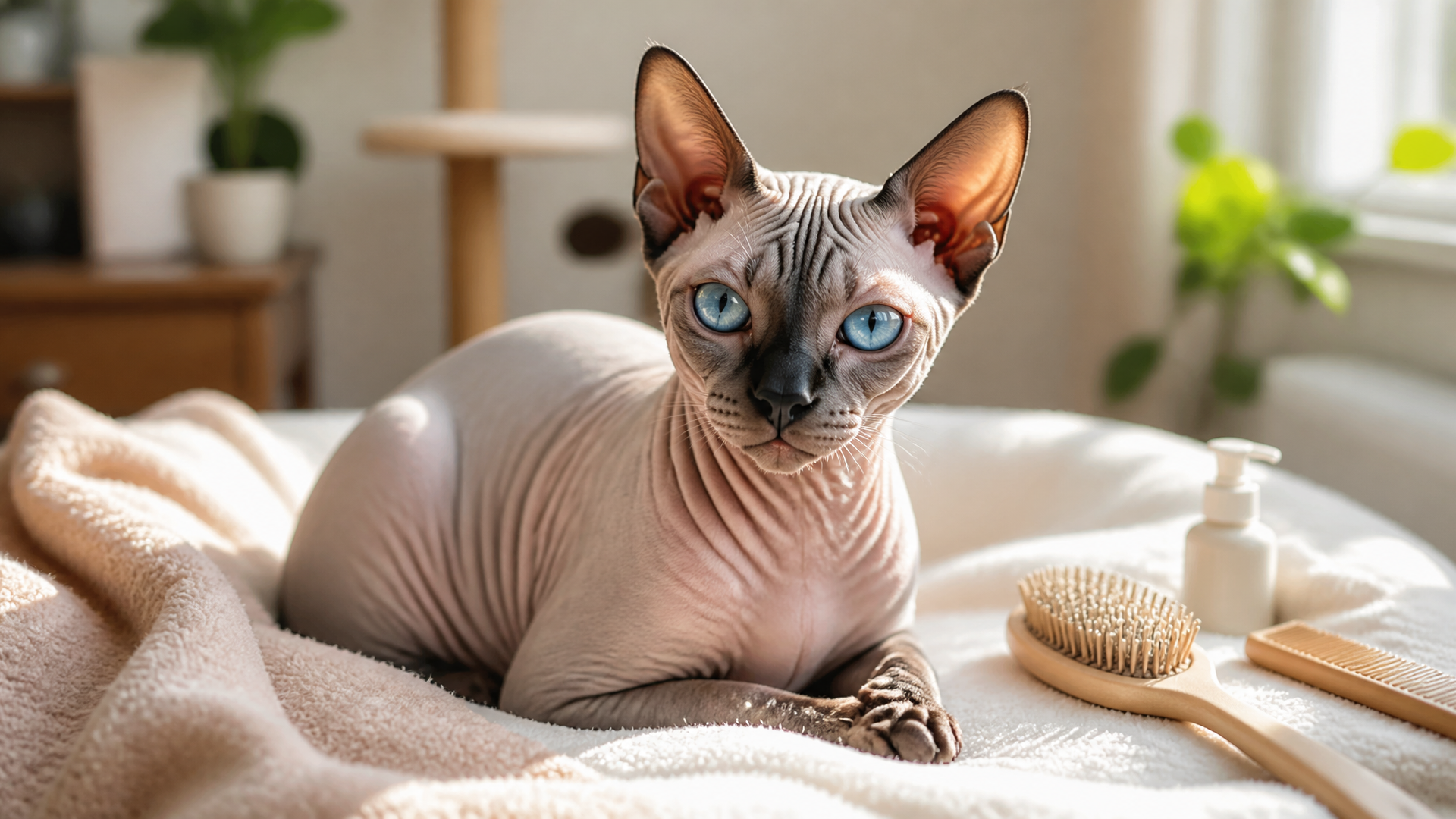 Close-up of a hairless Sphynx cat with striking blue eyes, looking directly at the camera