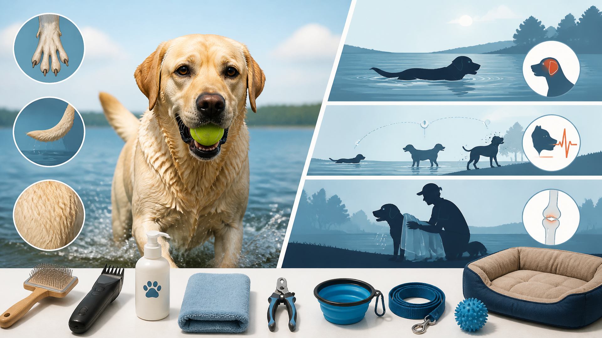 A Labrador retriever swimming in a lake with a focused expression, water splashing around its head and shoulders.