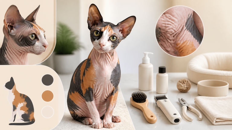 A hairless Calico Sphynx cat with black, orange, and white patches on pale skin, sitting on a soft blanket.