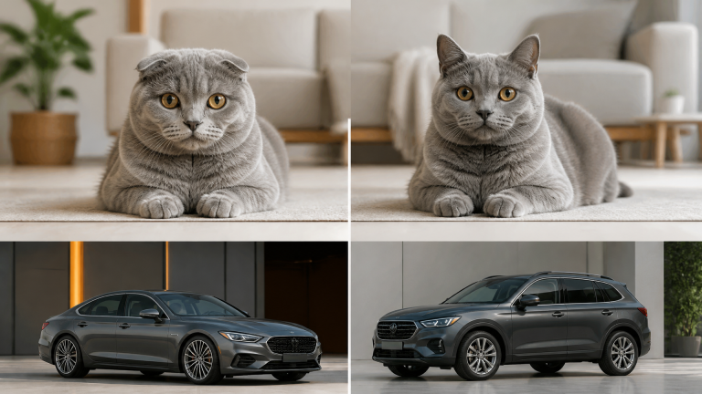 A silvery gray Scottish Fold cat with folded ears and bright eyes, sitting on a soft surface.