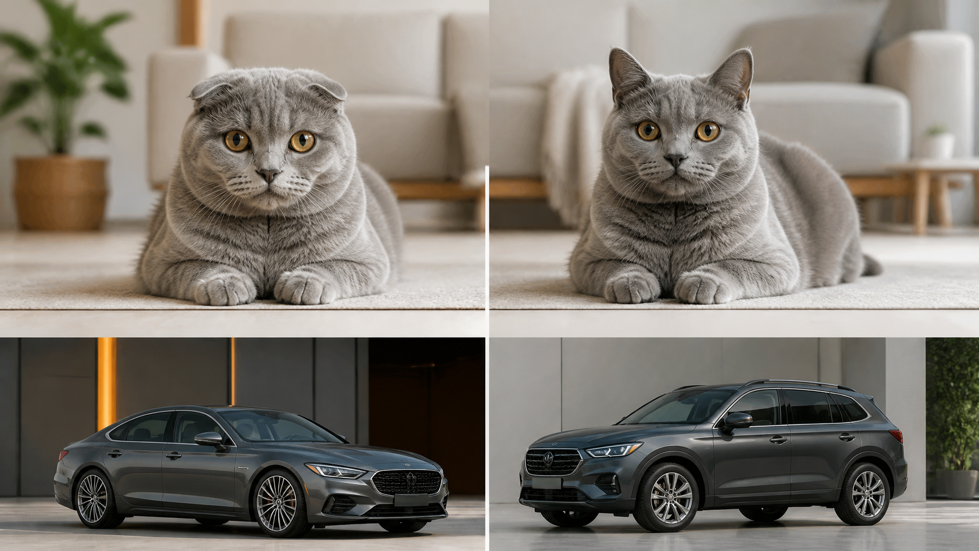 A silvery gray Scottish Fold cat with folded ears and bright eyes, sitting on a soft surface.