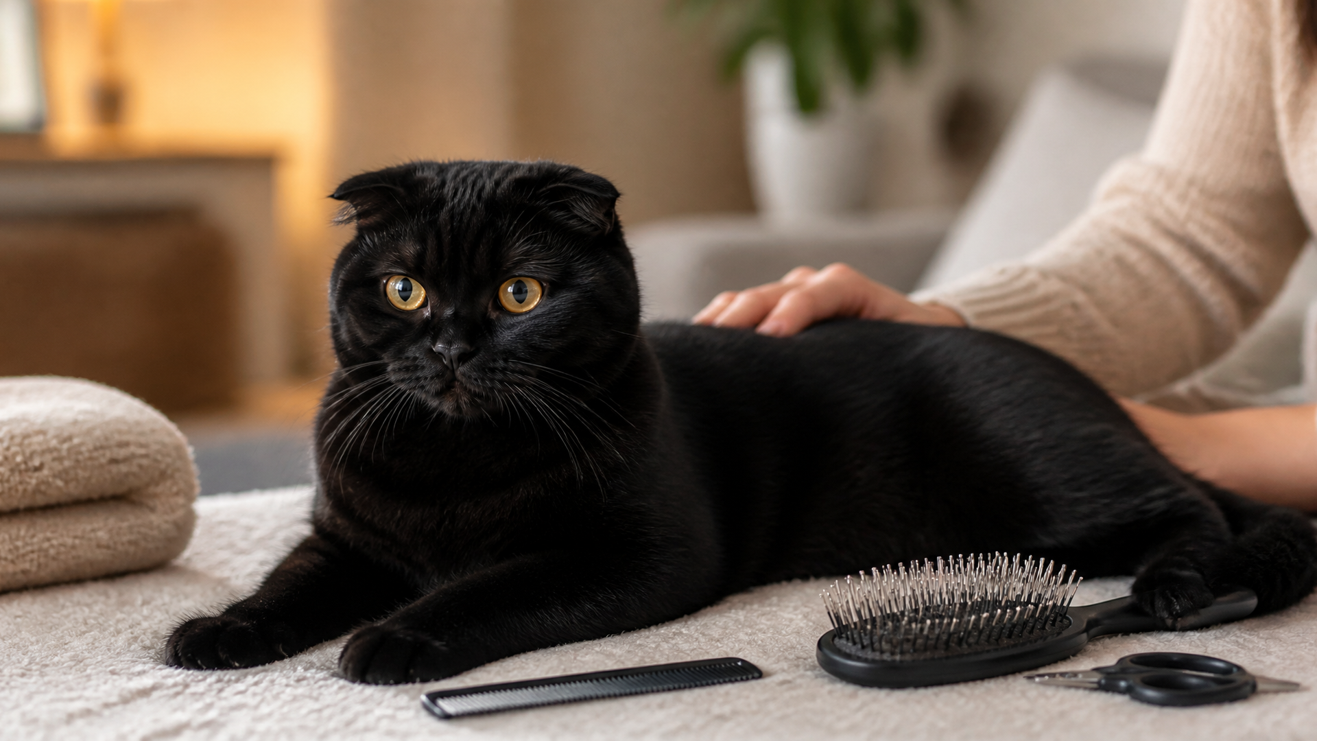 A solid black Scottish Fold cat with folded ears and golden eyes, sitting on a soft surface.