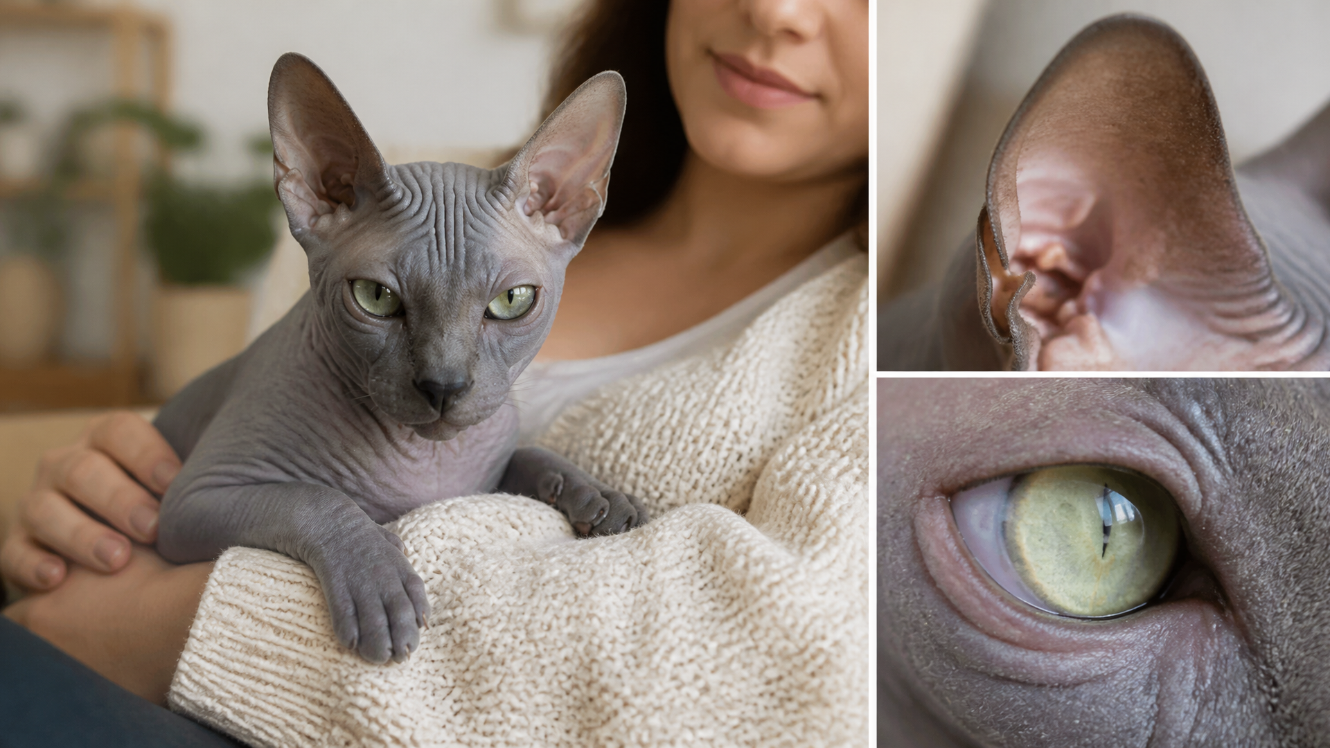 A blue Sphynx cat with slate gray skin and large ears sits on a soft blanket, looking directly at the camera.