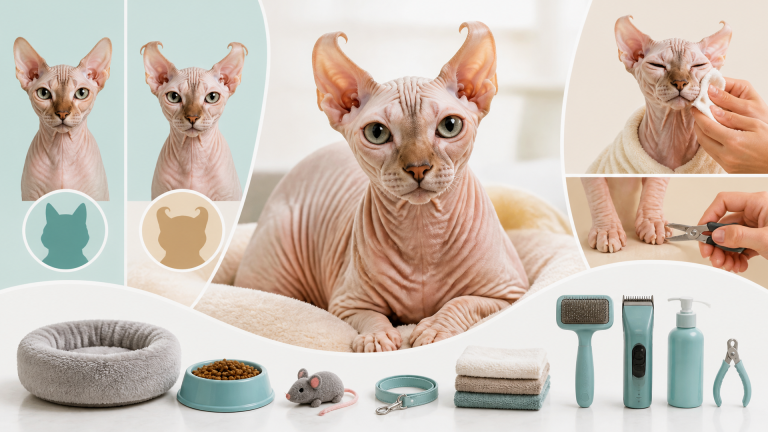 Hairless Elf Sphynx cat with curled ears and wrinkled skin, looking directly at camera