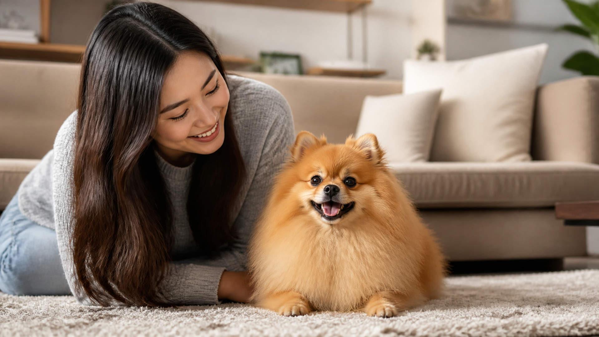 White fluffy Pomeranian dog sitting on a couch, looking alert and playful