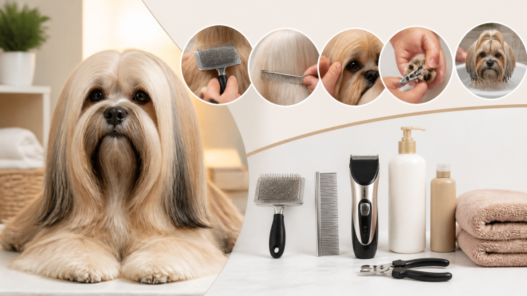 A well-groomed Lhasa Apso with a silky, flowing coat sitting on a grooming table with brushes nearby