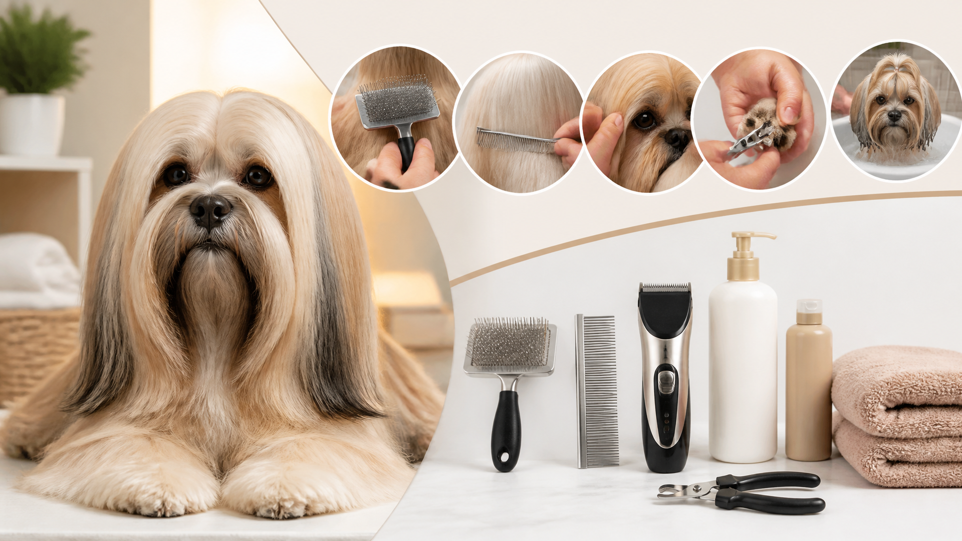 A well-groomed Lhasa Apso with a silky, flowing coat sitting on a grooming table with brushes nearby