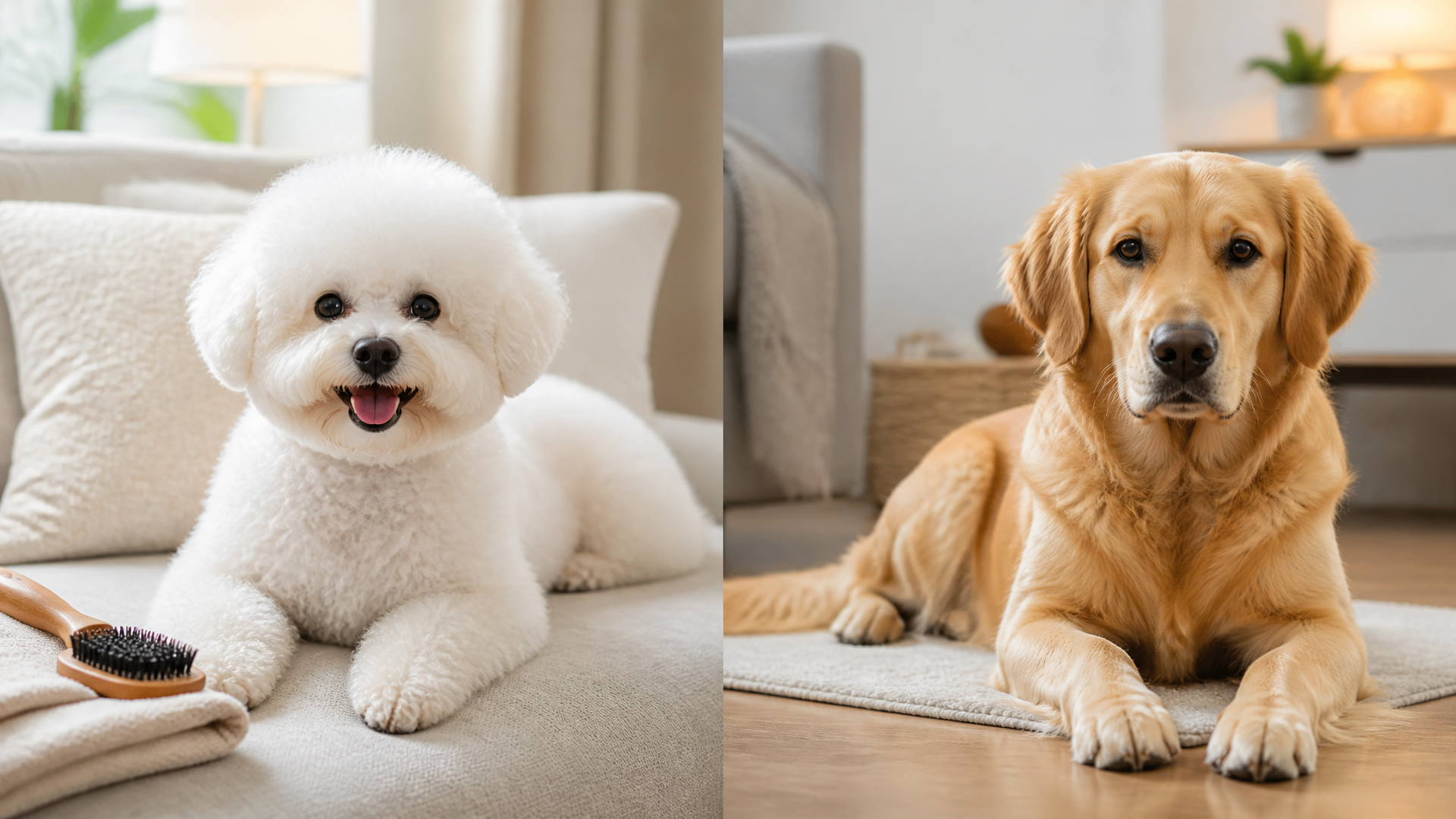 White Bichon Frise sitting on a soft blue blanket with a brush and food bowl nearby