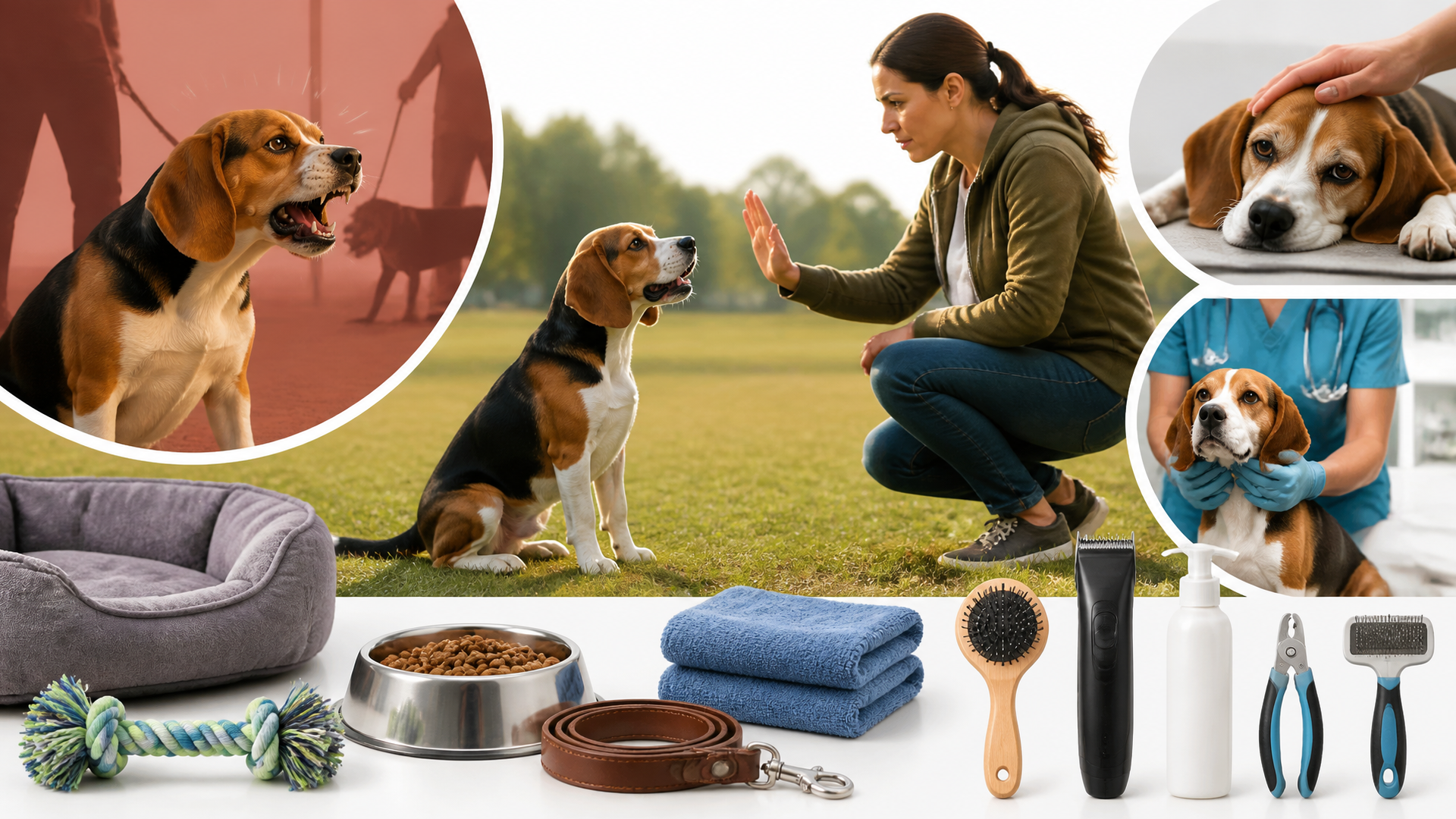A Beagle standing alert in a living room, with a calm owner kneeling beside it holding a treat, training session in progress.