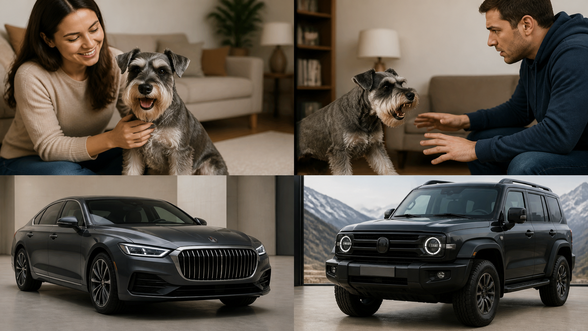 Miniature Schnauzer growling at a specific person in a home setting, showing tense body language