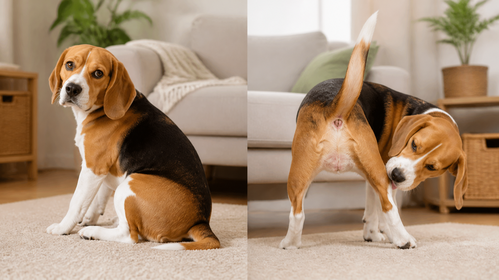 Beagle sitting on a rug with a concerned expression, rear area highlighted for anal gland issues