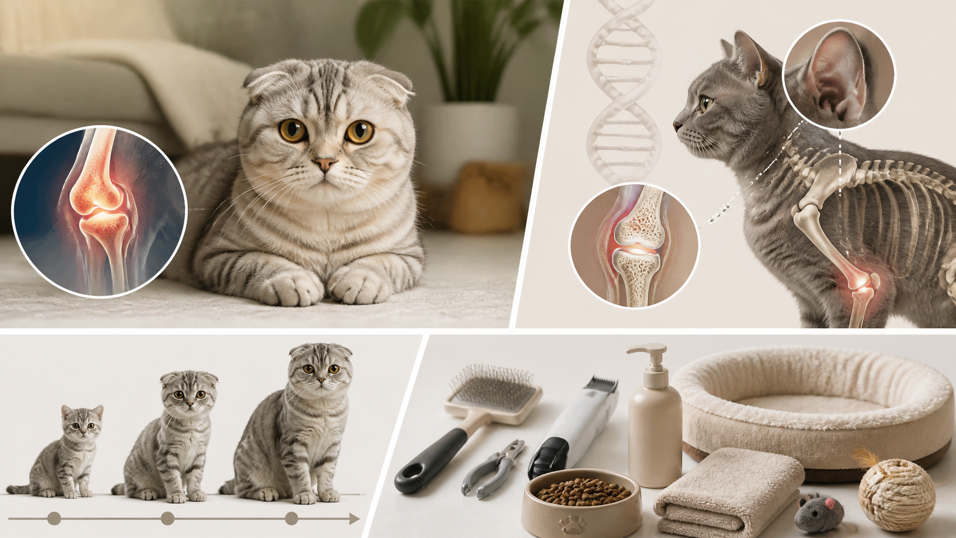 A Scottish Fold cat with folded ears sitting on a soft blanket, looking uncomfortable with joint pain.